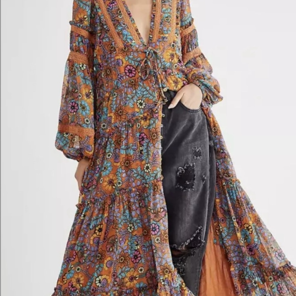 Free People Cassis Printed Chiffon Floral Bohemian Maxi Dress Size XL